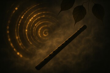 Magical night spiral lights with flute silhouette, golden mystical abstract background