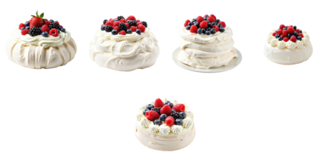 Assorted Meringue Pavlova cakes topped with whipped cream and fresh berries on transparent background arranged in vertical orientation for culinary presentation