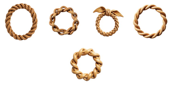 Five various rattan rings for scout scarves displayed on a transparent background featuring different twisting and braiding styles