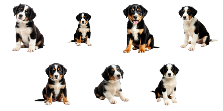 puppy portraits of a large Swiss mountain dog breed in various poses and expressions isolated on a transparent background showcasing their playful and adorable nature