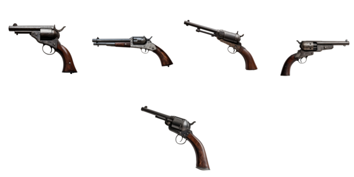 Collection of antique revolvers arranged on a transparent background featuring detailed craftsmanship and wooden grips with various barrel orientations and angles