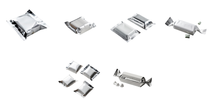 Various silver and transparent gum wrappers isolated on transparent background showcasing different shapes and arrangements with some gum pieces visible