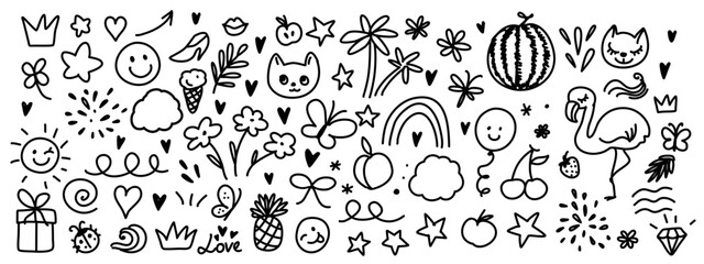 A collection of playful doodles in black and white. Features various cute icons like animals, fruits, and nature elements. Perfect for creative projects and design.