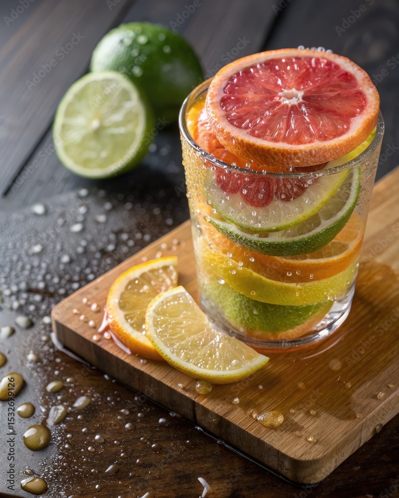 Poster fresh citrus slices stacked in glass with sparkling water and wooden board on dark background