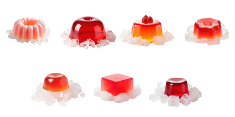 Assorted gelatin desserts displayed on ice cubes with a transparent background featuring various shapes and colors including red and pink hues.