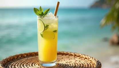 Refreshing Tropical Drink by the Ocean