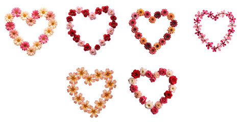 six ornate heart shapes composed of various flowers including daisies and roses arranged on a...