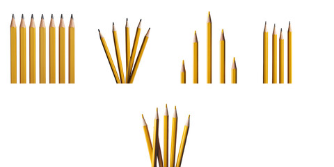 Assorted yellow pencils arranged in various positions on a transparent background highlighting their color and shape diversity with no distractions.