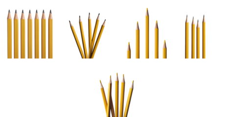 Assorted yellow pencils arranged in various positions on a transparent background highlighting their color and shape diversity with no distractions.