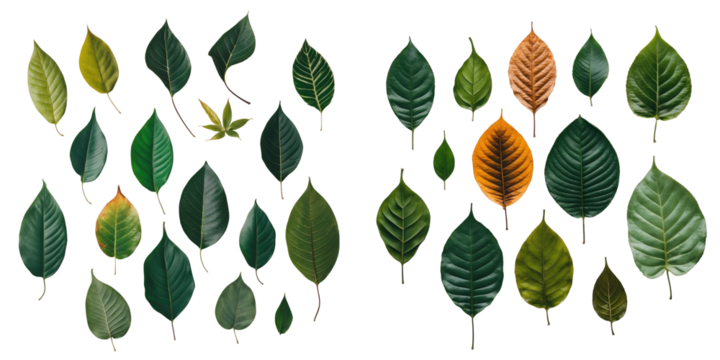 Collection of various green and autumn-colored leaves isolated on transparent background arranged in a natural pattern highlighting their diverse shapes and textures.