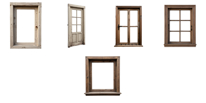 Collection of vintage wooden windows in various styles isolated on transparent background showcasing intricate details and rustic charm