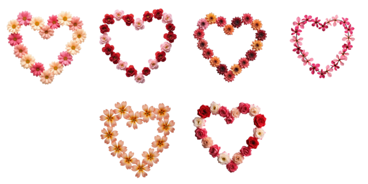 six ornate heart shapes composed of various flowers including daisies and roses arranged on a transparent background with a dark contrasting backdrop
