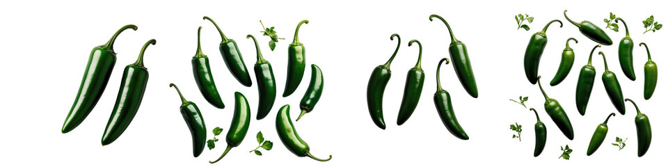 Jalapeno chili peppers arranged in various positions on a transparent background offering ample...