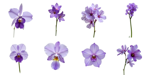 Purple vanda orchids in various stages of bloom isolated on transparent background showcasing unique floral structures and colors