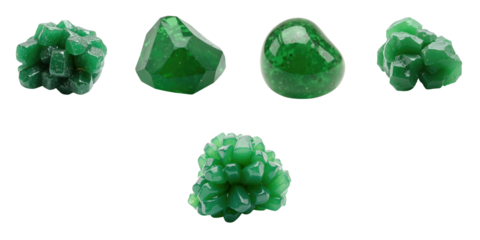 Uvarovite crystals arranged on a transparent background showcasing different shapes and forms including clusters and smooth pieces in vibrant green hues