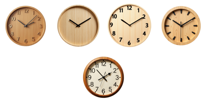 Collection of five round wooden wall clocks with different designs and face styles displayed on a transparent background with transparent edges showcasing their unique appearances