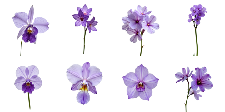 Purple vanda orchids in various stages of bloom isolated on transparent background showcasing unique floral structures and colors