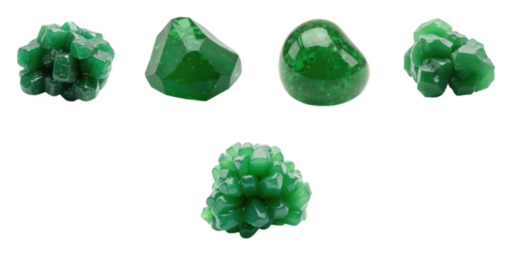 Uvarovite crystals arranged on a transparent background showcasing different shapes and forms including clusters and smooth pieces in vibrant green hues