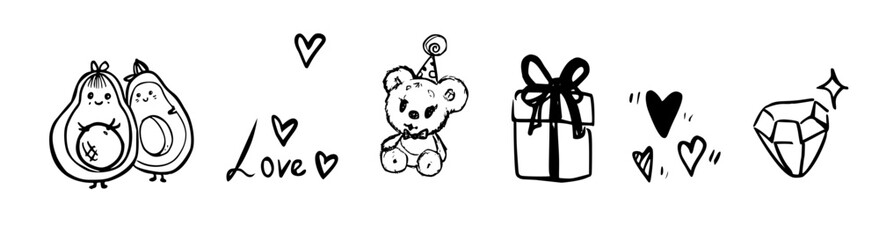 Charming doodles in black and white. Includes avocados, teddy bear, gift, hearts, and gem. Perfect for romantic or playful themes in design projects.