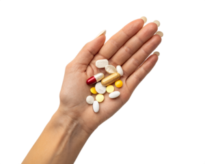 A human hand holds various pills and capsules. The hand has long, manicured nails. The background is transparent, emphasizing the hand and medication.