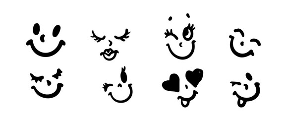 Set of handdrawn emoticons showcasing diverse expressions. Includes winking, heart eyes, and smiling faces. Simple black on white style. Fun and expressive.