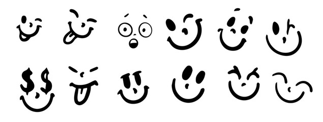 Digital illustration of various smiley faces in black and white. Each face shows different emotions such as happiness, surprise, or playfulness, ideal for digital communication.