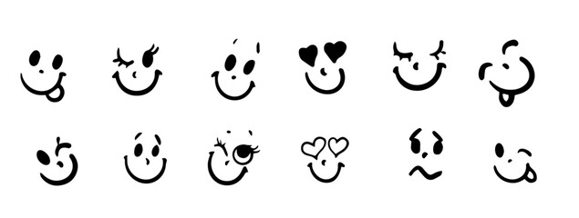 Collection of expressive smiley faces in minimalist black and white. Various emotions displayed with whimsical designs. Perfect for playful and creative projects.