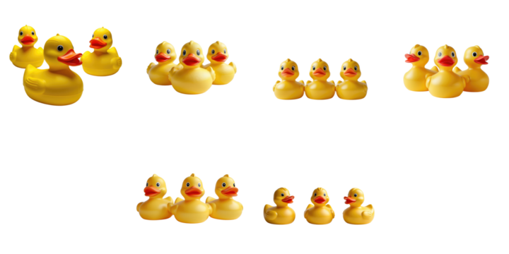 group of yellow rubber duck bath toys in various sizes arranged on a transparent background educational concept isolated on transparent background
