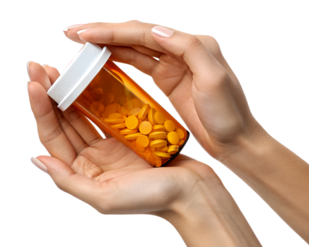 Two hands hold a transparent pill bottle filled with yellow tablets. The background is transparent, emphasizing the bottle and hands. - Powered by Adobe