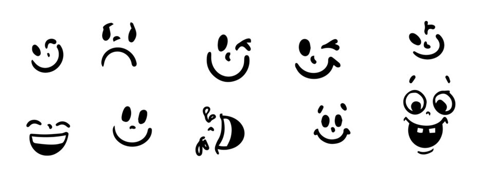 Various simple cartoon face expressions in black and white. Emoticons displaying different emotions including happiness, sadness, and surprise on white background.