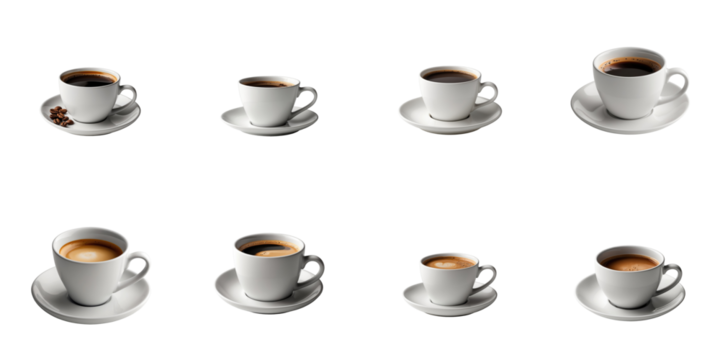 Various white coffee cups on saucers with transparent coffee and cappuccino different levels of fill isolated on transparent background.