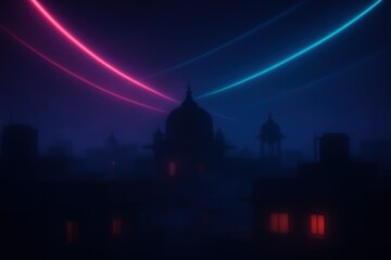 Neon city silhouettes at night, urban skyline with glowing pink and blue streaks