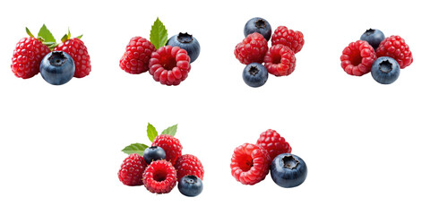 Fresh raspberries and blueberries arranged in various clusters isolated on transparent background with detailed textures and vibrant colors