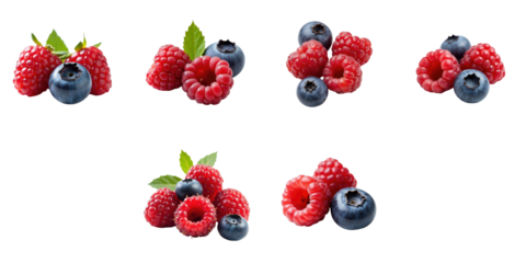 Fresh raspberries and blueberries arranged in various clusters isolated on transparent background with detailed textures and vibrant colors