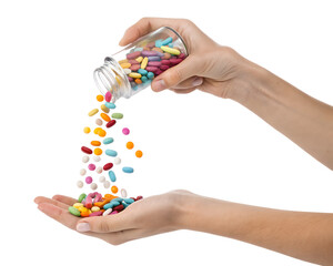 Two hands pouring colorful candies from a glass jar onto an open palm. The background is transparent, highlighting the vibrant colors of the candies.