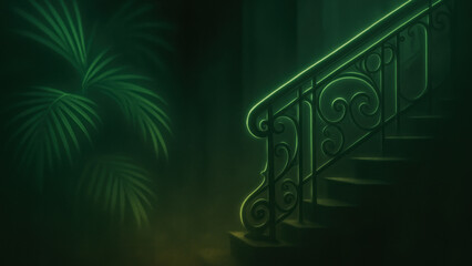 Mystical green staircase at night, fantasy dreamy scene with soft light and foliage