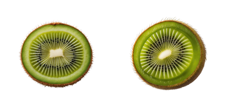 Close-up view of two kiwi fruit halves displaying vibrant green flesh and intricate seed patterns isolated on a transparent background with no distractions