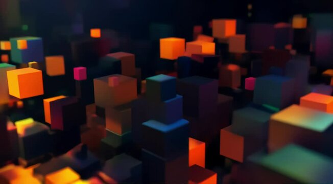 Dynamic 3D cubes shifting and blending into one another in continuous motion with changing light and color effects