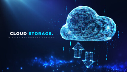 Cloud computing with arrows download and upload data on blue background. Cloud storage backup vector illustration design concept. Future technology backdrop element.