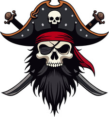 Bearded Pirate Skull with Eye Patch and Skull-Emblazoned Hat – Vector Illustration