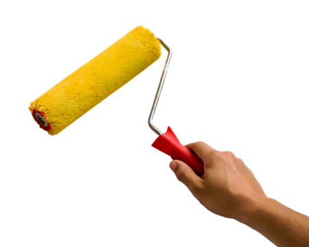 A hand holds a yellow paint roller with a red handle against a transparent background. The roller is clean and ready for painting.