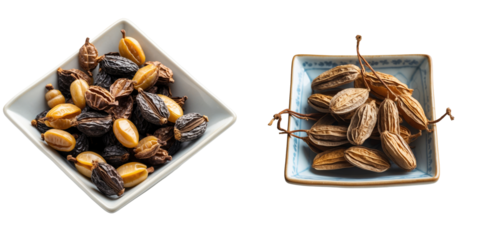 Dried longan fruit and traditional medicinal seeds displayed in two square bowls isolated on a transparent background showcasing the uniqueness of traditional herbal ingredients