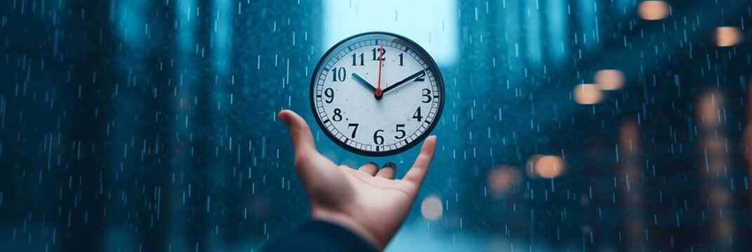 A hand holds a clock showing 12:00 against a rainy, blurred background with streaks of water and soft lighting.