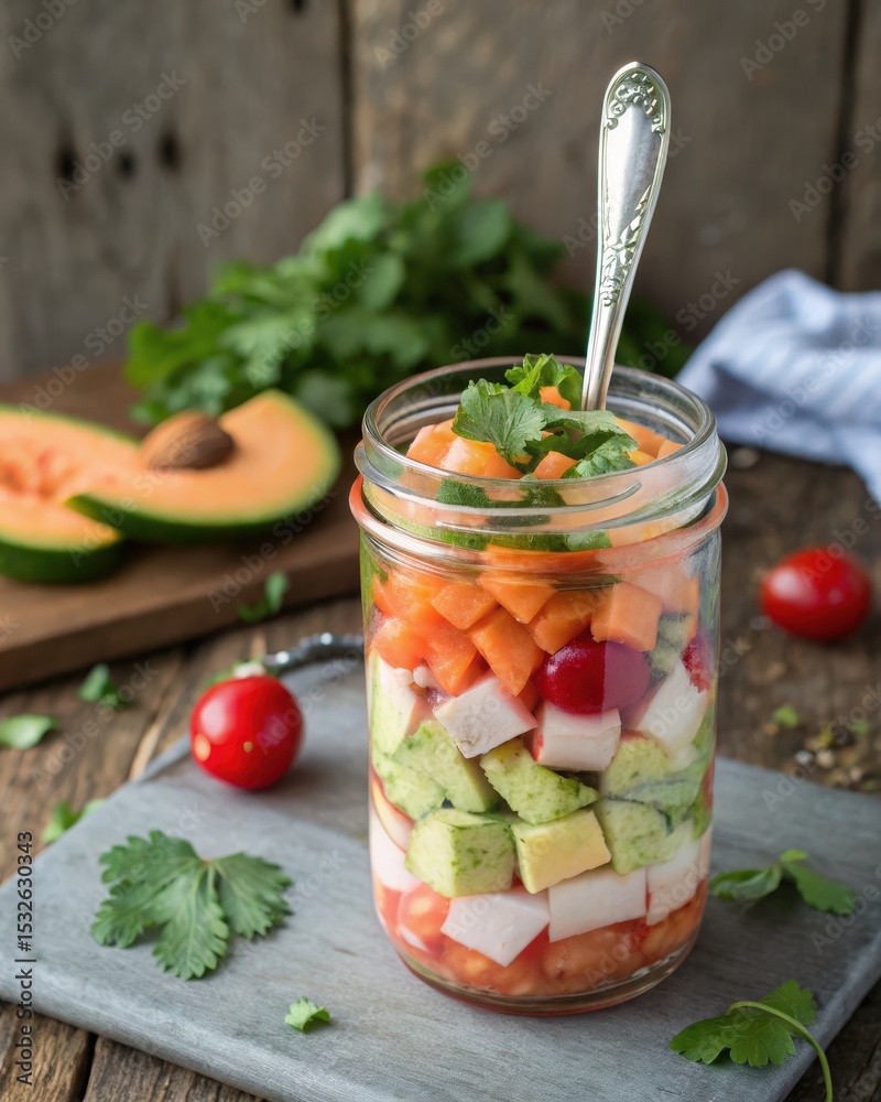 Poster layered vegetable salad in mason jar with spoon and fresh ingredients on rustic background