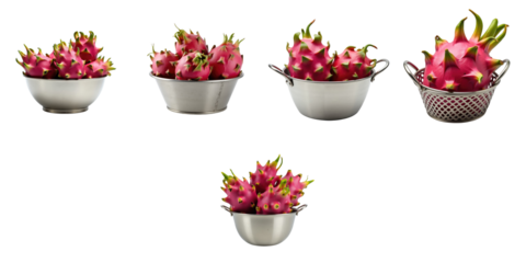 Dragon fruit pitaya assortment displayed in various stainless steel baskets isolated on a transparent background. Features multiple angles and unique basket styles for diverse presentation.