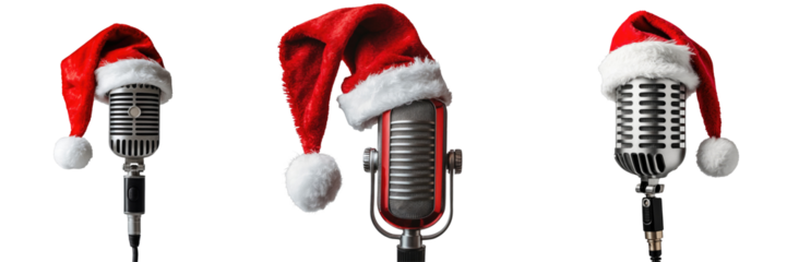 Set of three vintage-style microphones adorned with red and white Santa hats on a contrasting transparent background, isolated for clear visibility and emphasis on festive theme.