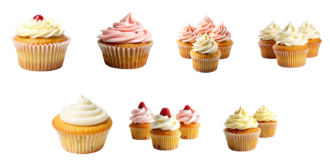 Assortment of decorated cupcakes with various frosting styles presented on a transparent background highlighting their colors and textures