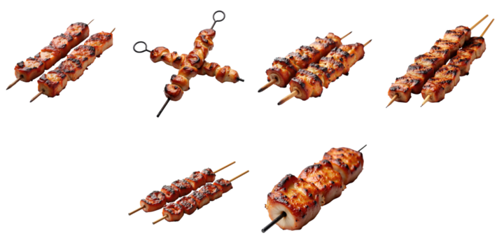Various pork kebabs on wooden skewers presented on a transparent background with each skewer showing distinct grilling patterns and textures showcasing their cooked surface.