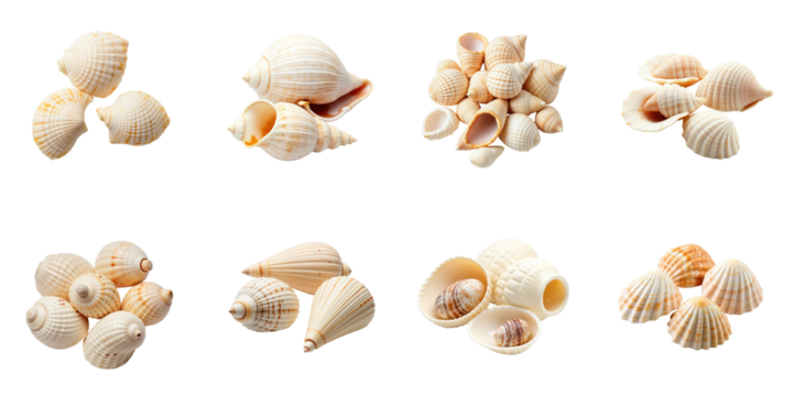Various seashells arranged on a transparent background with distinct shapes and sizes including spiral and conical forms showcasing natural patterns and textures. - Powered by Adobe