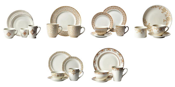 set of ceramic plates and glasses featuring intricate elegant motifs arranged in a detailed hamper style isolated on a transparent background